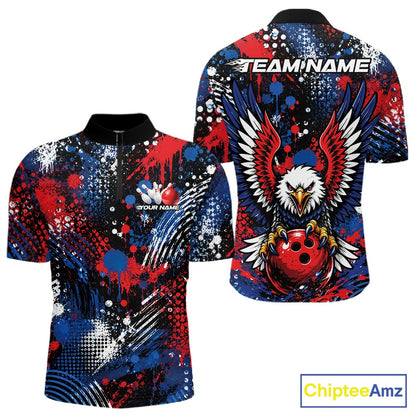 Custom red white blue splatter patriotic eagle bowling men quarter-zip shirt front and back design.
