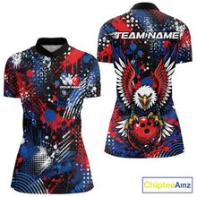 Load image into Gallery viewer, Front and back views of a bowling quarter zip shirt with red, blue, white, and black splatter graphics, bowling pins on the chest, and an eagle gripping a red bowling ball on the back.