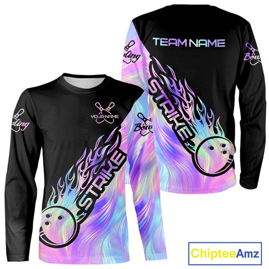 Strike Bowling Long Sleeve Shirts For Men, Custom Hologram Bowling Team Shirts Bowler Outfit IPHW5242