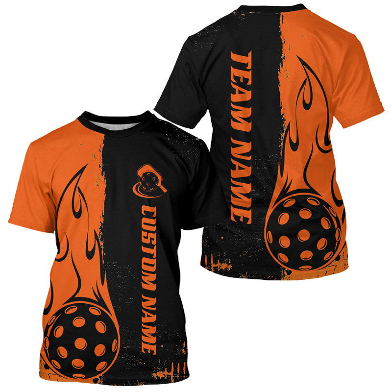 Black And Orange Custom Flame Pickleball T-Shirts For Men, Pickleball Team Shirt Pickleball Outfit IPHW7457