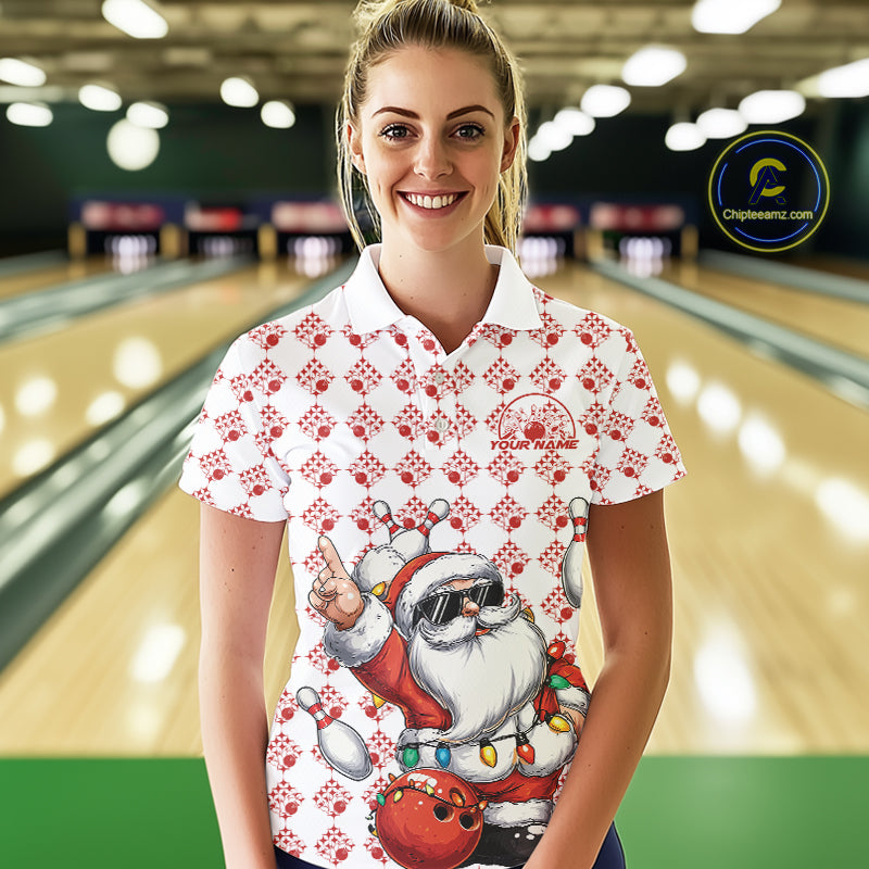 Custom Funny Santa Claus Christmas Bowling Women Polo Shirts, Xmas Bowling Team Shirt IPHW10111
