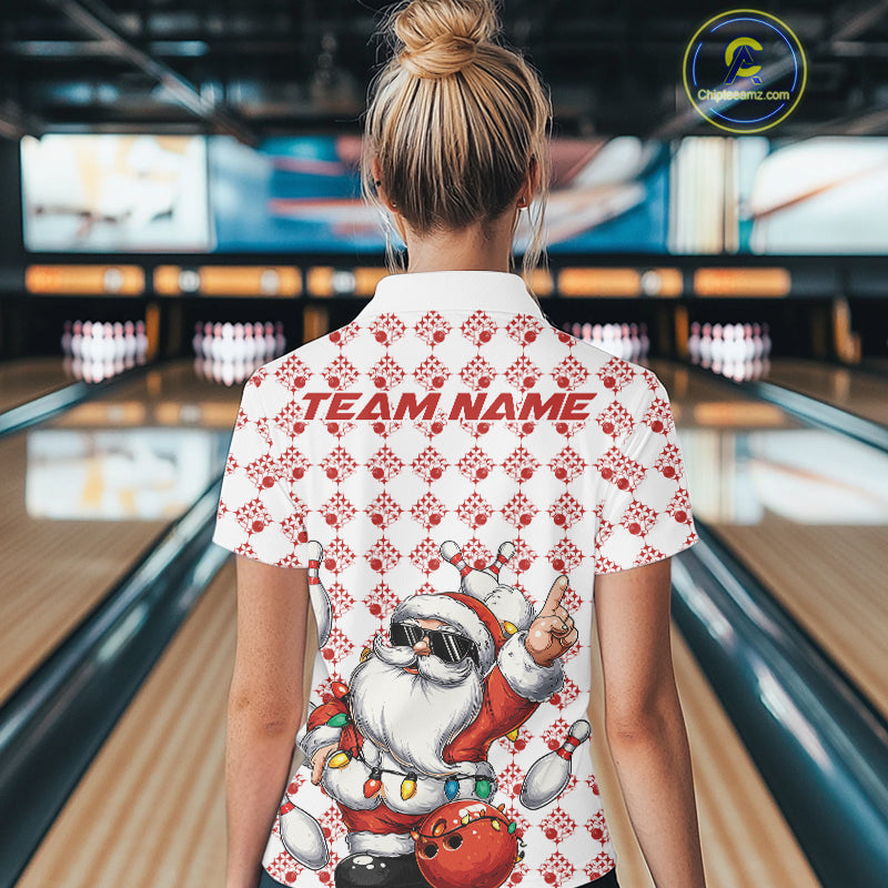 Custom Funny Santa Claus Christmas Bowling Women Polo Shirts, Xmas Bowling Team Shirt IPHW10111