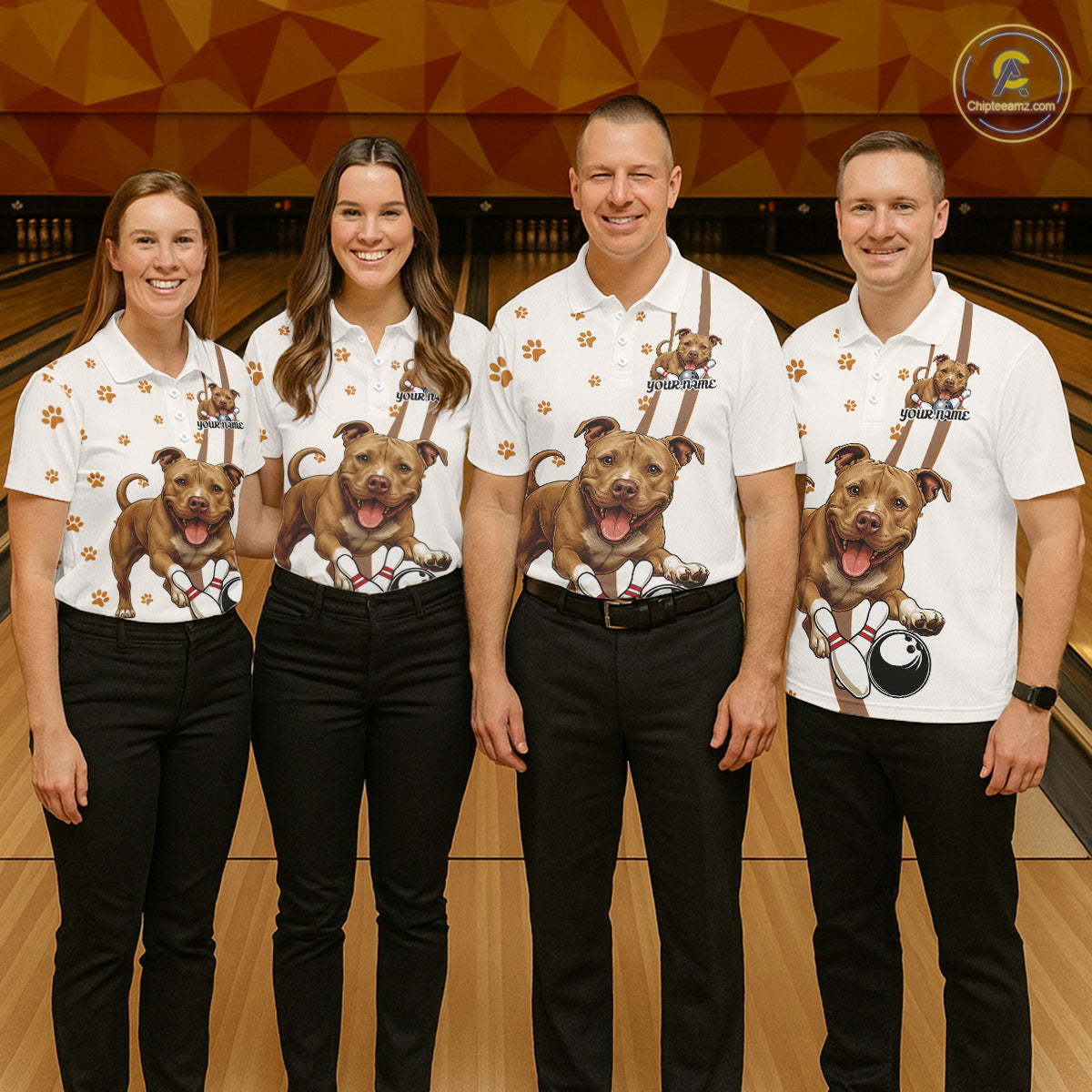 Custom Funny Brown Pitbull Dog Bowling Men Polo Shirts, Dog Paw Print Bowler Outfit IPHW10248