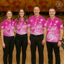 Load image into Gallery viewer, Custom Pink Valentine Bowling Couple Shirts, Pink Heart Theme Bowling Jerseys With His Name And Her Name IPHW10468