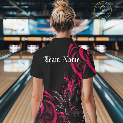 Custom Black And Pink Tribal Flame Bowling Women Shirts, Bowling League Team Jerseys IPHW10737