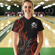Load image into Gallery viewer, Custom Black And Orange Tribal Flame Bowling Women Shirt, Bowling League Team Jerseys IPHW10738