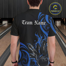 Load image into Gallery viewer, Custom Black And Blue Tribal Flame Bowling Men Shirt, Bowling League Shirt Team Jerseys IPHW10740