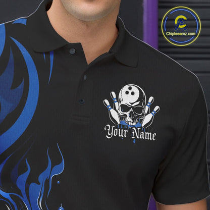 Custom Black And Blue Tribal Flame Bowling Men Shirt, Bowling League Shirt Team Jerseys IPHW10740