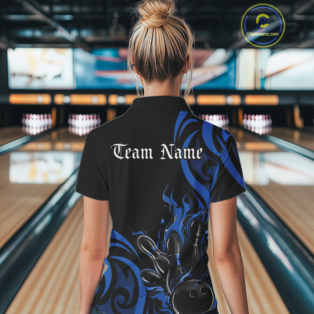 Custom Black And Blue Tribal Flame Bowling Women Shirt, Bowling League Team Jerseys IPHW10740