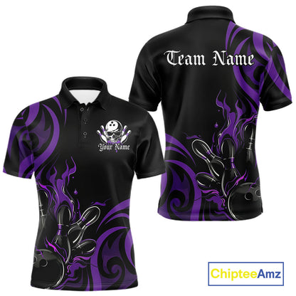 Custom Black And Purple Tribal Flame Bowling Men Shirt, Bowling League Shirt Team Jerseys IPHW10741