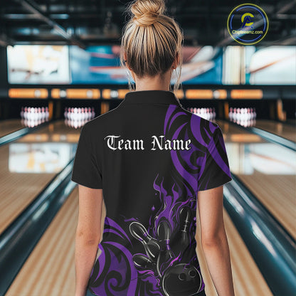 Custom Black And Purple Tribal Flame Bowling Women Shirt, Bowling League Team Jerseys IPHW10741
