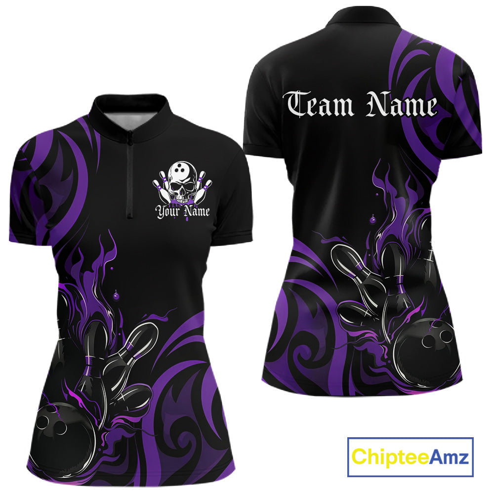 Custom Black And Purple Tribal Flame Bowling Women Shirt, Bowling League Team Jerseys IPHW10741