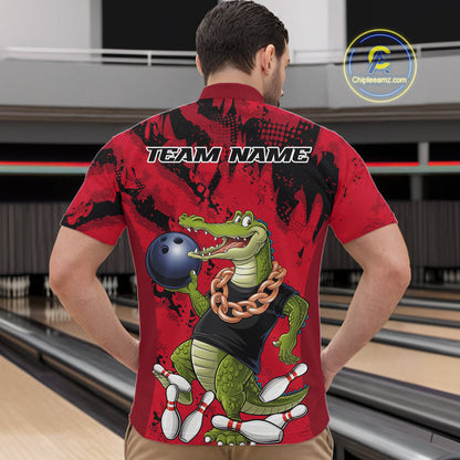 Red Custom Funny Alligator Bowling Men Quarter-Zip Shirt, Bowling Team Jerseys Bowler Outfit IPHW10772