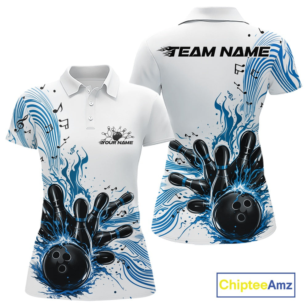 Front and back views of a white and blue womens bowling polo shirt showcasing a bowling ball striking pins with flowing music note waves.