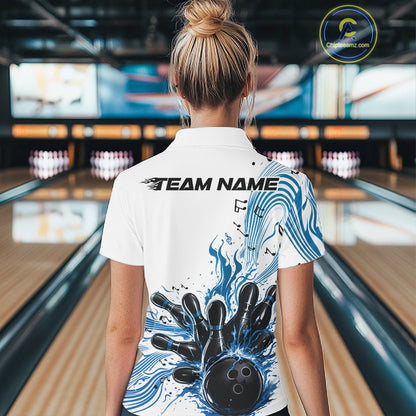 Back view of a female model in a white and blue bowling polo shirt featuring music-inspired bowling graphics.