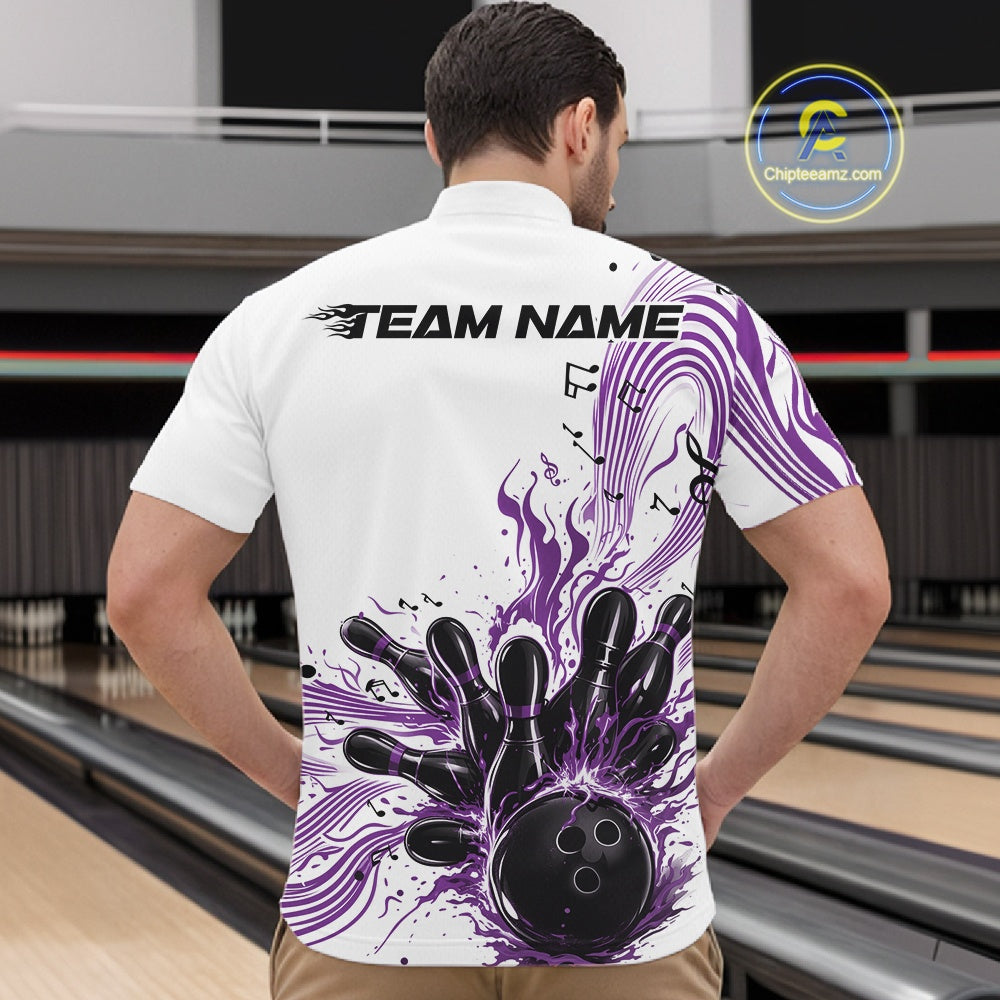 Front view of a male model in a white and purple bowling quarter-zip shirt displaying bowling strike graphics and musical wave details.