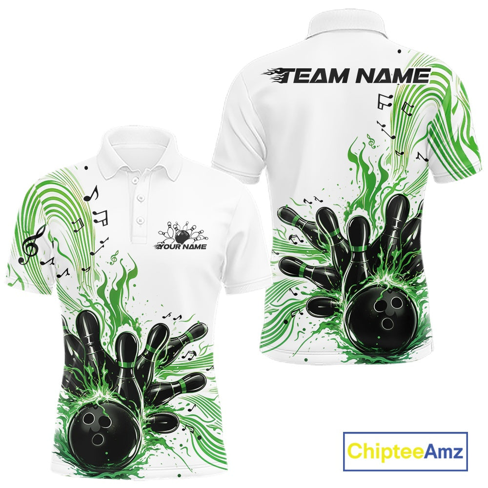 Front and back views of a white and green mens bowling polo shirt featuring a bowling ball striking pins with flowing music note waves.