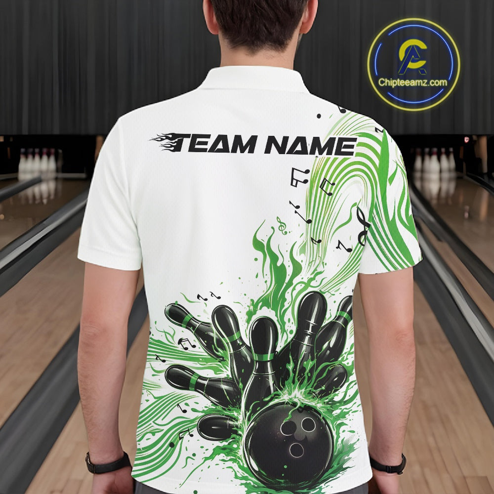 Back view of a male model in a white and green bowling polo shirt showcasing bowling strike artwork with flowing music notes.