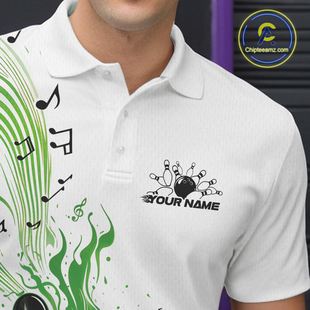 Left chest close-up of a white and green bowling polo shirt featuring bowling graphics and music note wave accents.