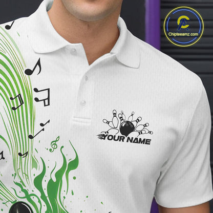 Left chest close-up of a white and green bowling polo shirt featuring bowling graphics and music note wave accents.