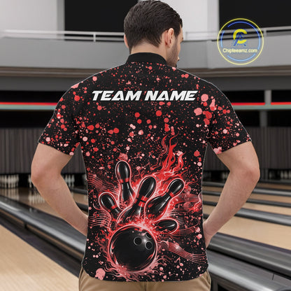 Front view of a male model in a black bowling quarter-zip shirt showcasing fiery bowling artwork and red paint splashes.