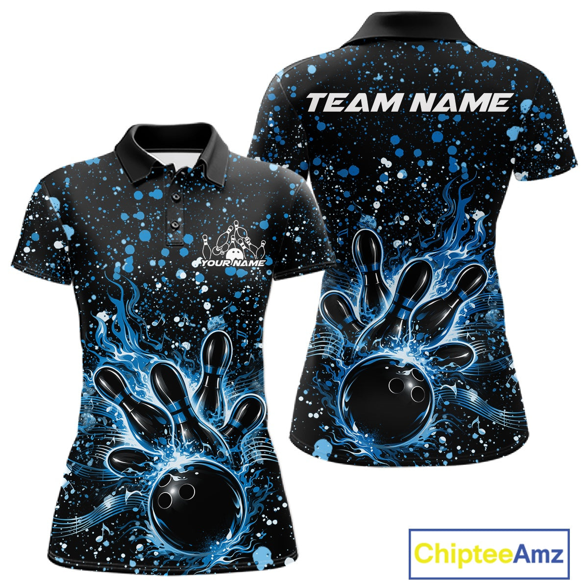 Front and back views of a black womens bowling polo shirt showcasing a flaming bowling ball striking pins with blue paint splatter graphics.