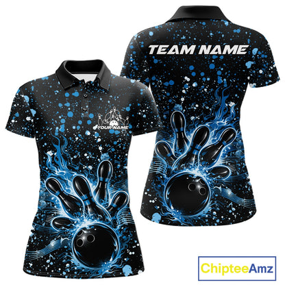 Front and back views of a black womens bowling polo shirt showcasing a flaming bowling ball striking pins with blue paint splatter graphics.
