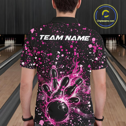 Back view of a male model in a black bowling polo shirt displaying fiery bowling artwork and pink paint accents.
