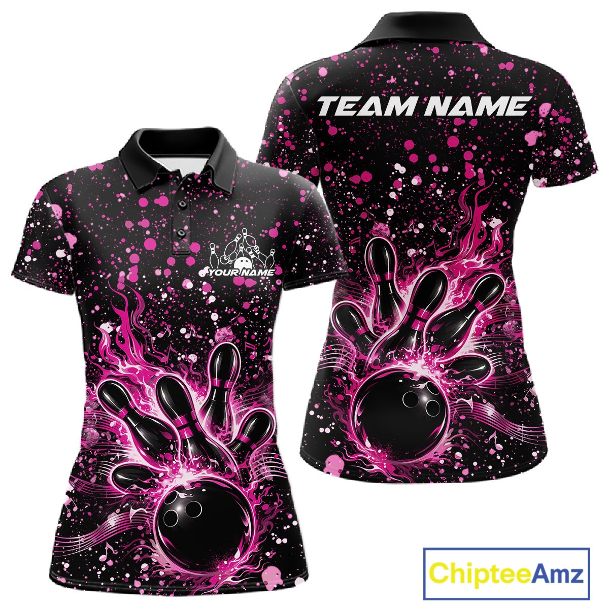 Front and back views of a black womens bowling polo shirt featuring a flaming bowling ball striking pins with pink paint splatter artwork.