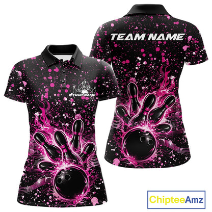 Front and back views of a black womens bowling polo shirt featuring a flaming bowling ball striking pins with pink paint splatter artwork.
