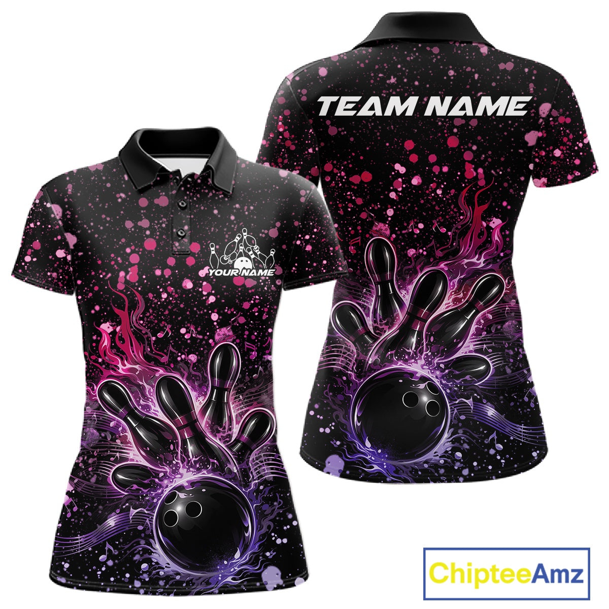 Front and back views of a black womens bowling polo shirt featuring a flaming bowling ball, pink and purple paint splatter accents, and music-themed graphics.