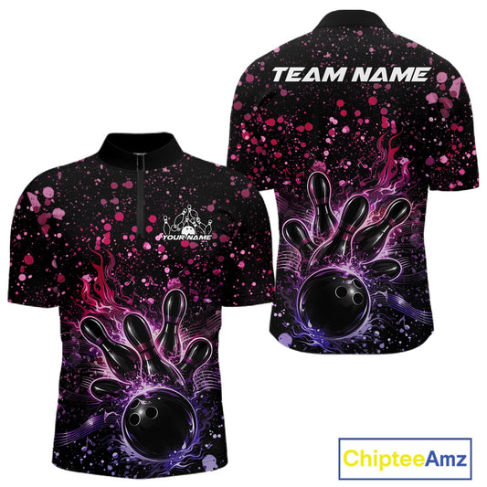 Front and back views of a black mens bowling quarter-zip shirt featuring a flaming bowling ball, pink and purple paint splatter accents, and music-inspired graphics.