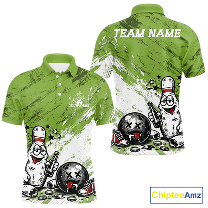 Olive green and white personalized bowling polo shirt featuring funny drunk bowling pin and ball cartoon character