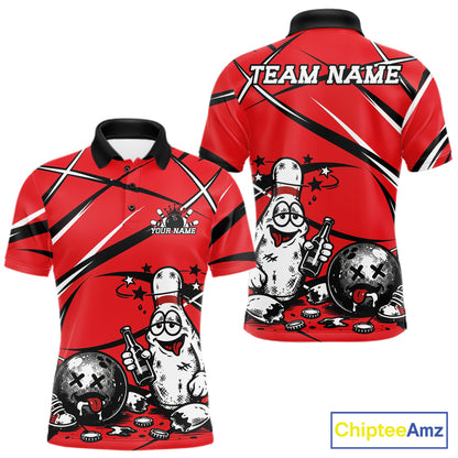 Red polo shirt with funny drunk bowling ball and pins cartoon design