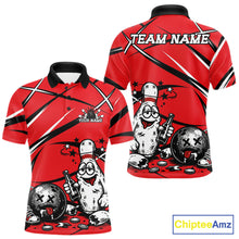 Load image into Gallery viewer, Red polo shirt with funny drunk bowling ball and pins cartoon design