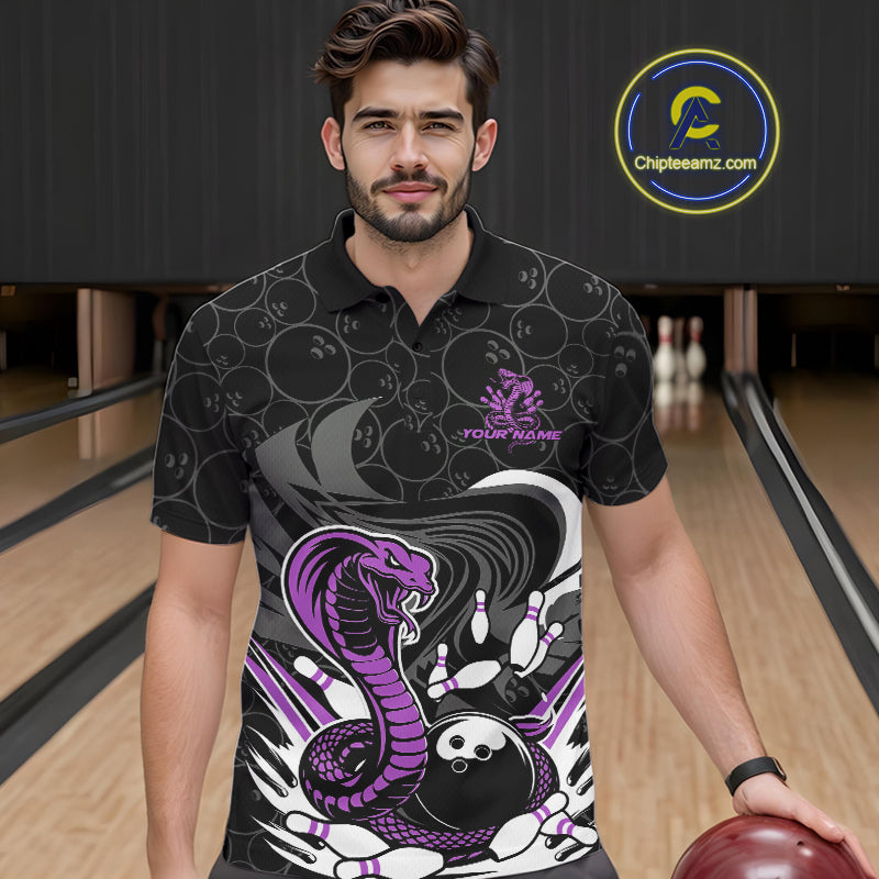 Custom Black And Purple Cobra Snake Bowling Polo Shirts For Men, Cobra Bowling Team Shirt IPHW9700