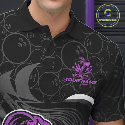 Custom Black And Purple Cobra Snake Bowling Polo Shirts For Men, Cobra Bowling Team Shirt IPHW9700
