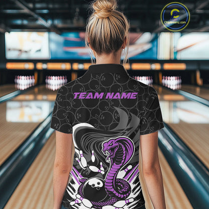 Custom Black And Purple Cobra Snake Bowling Women Polo Shirts, Cobra Bowling Team Shirt IPHW9700