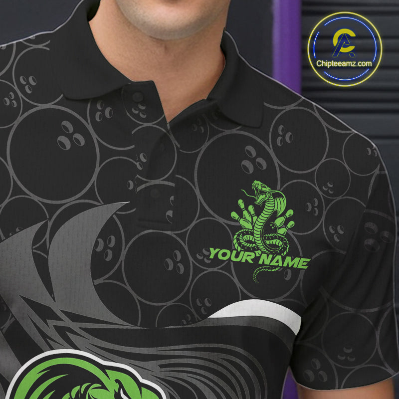 Custom Black And Green Cobra Snake Bowling Polo Shirts For Men, Cobra Bowling Team Shirt IPHW9701