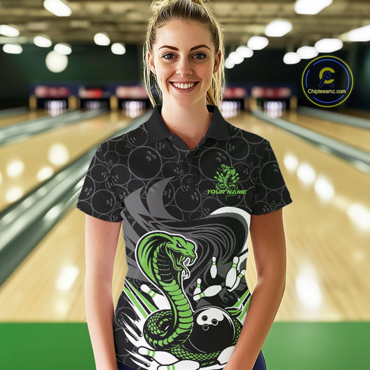 Custom Black And Green Cobra Snake Bowling Women Polo Shirts, Cobra Bowling Team Shirt IPHW9701