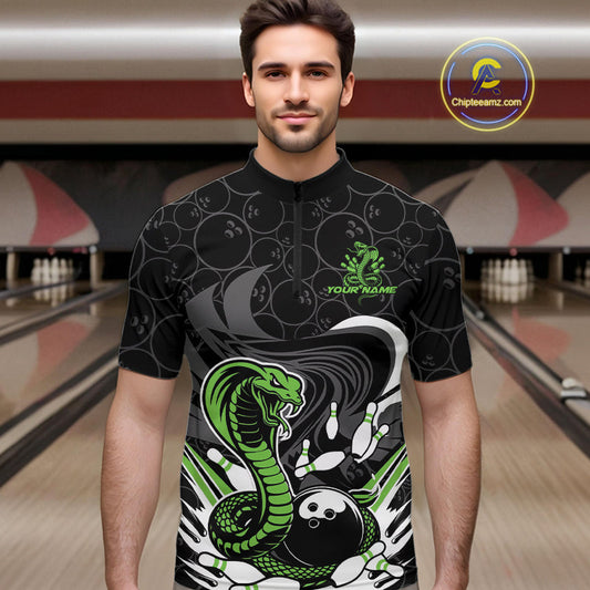 Custom Black And Green Cobra Snake Bowling Quarter-Zip Shirts For Men, Cobra Bowling Team Shirt IPHW9701