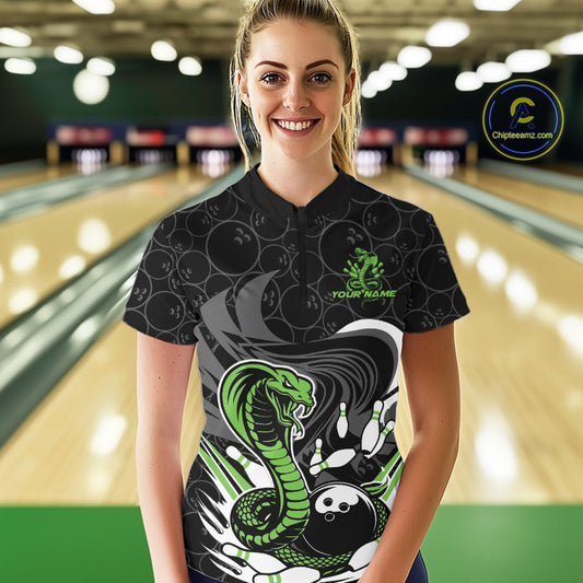 Custom Black And Green Cobra Snake Bowling Women Quarter-Zip Shirts, Bowling Team Shirt IPHW9701