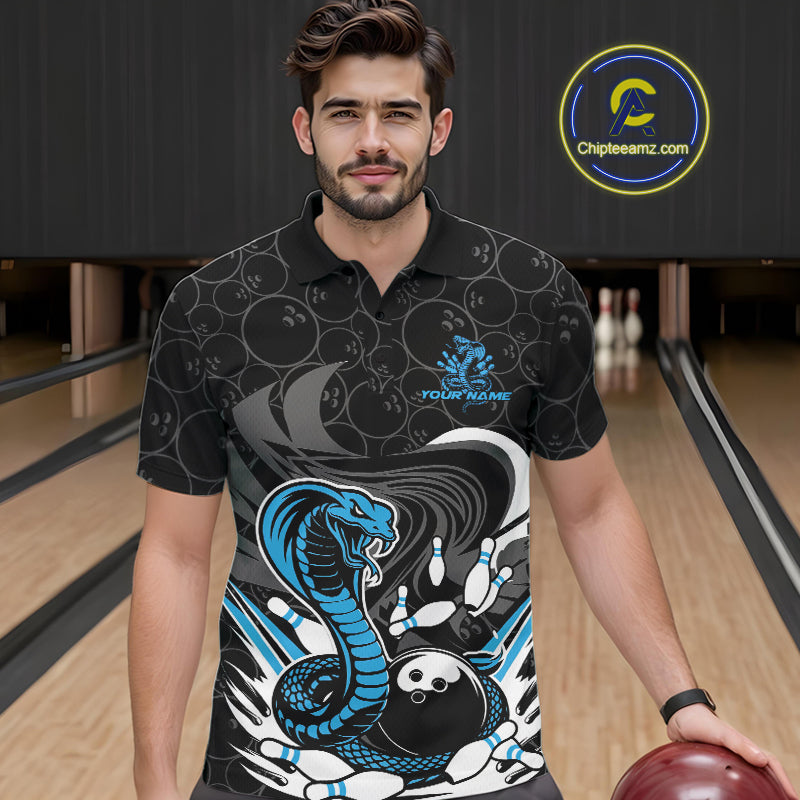 Custom Black And Blue Cobra Snake Bowling Polo Shirts For Men, Cobra Bowling Team Shirt IPHW9702