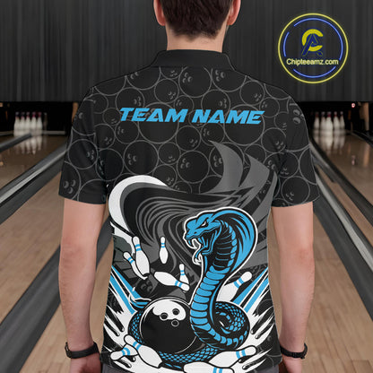 Custom Black And Blue Cobra Snake Bowling Polo Shirts For Men, Cobra Bowling Team Shirt IPHW9702