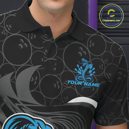 Custom Black And Blue Cobra Snake Bowling Polo Shirts For Men, Cobra Bowling Team Shirt IPHW9702