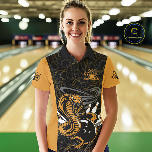 Custom Yellow Cobra Snake Bowling Team Women Polo Shirts, Bowling Pattern Shirt IPHW9703