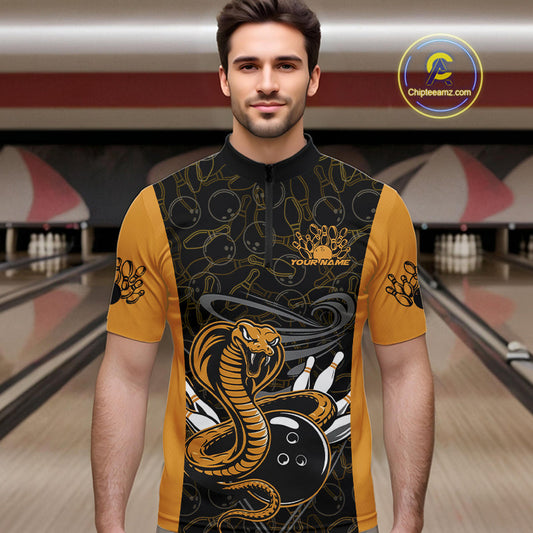 Custom Yellow Cobra Snake Bowling Team Men Quarter-Zip Shirts, Bowling Pattern Shirt IPHW9703
