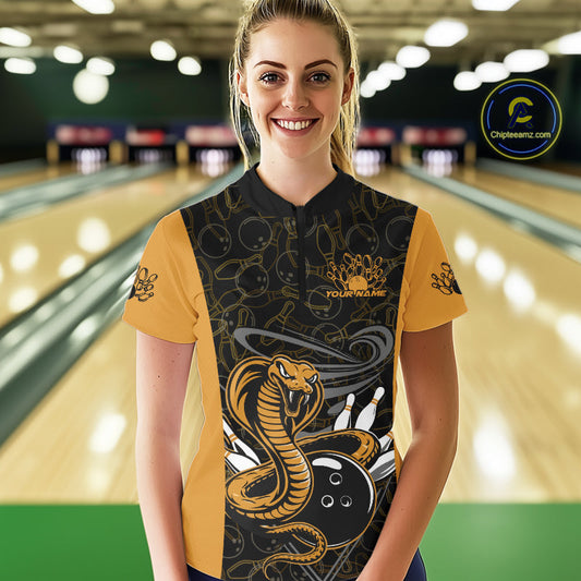 Custom Yellow Cobra Snake Bowling Team Women Quarter-Zip Shirts, Bowling Pattern Shirt IPHW9703