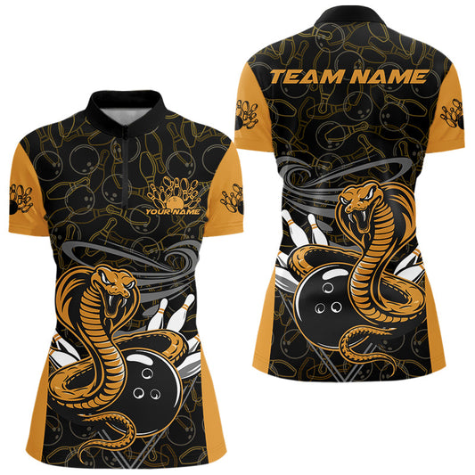 Custom Yellow Cobra Snake Bowling Team Women Quarter-Zip Shirts, Bowling Pattern Shirt IPHW9703