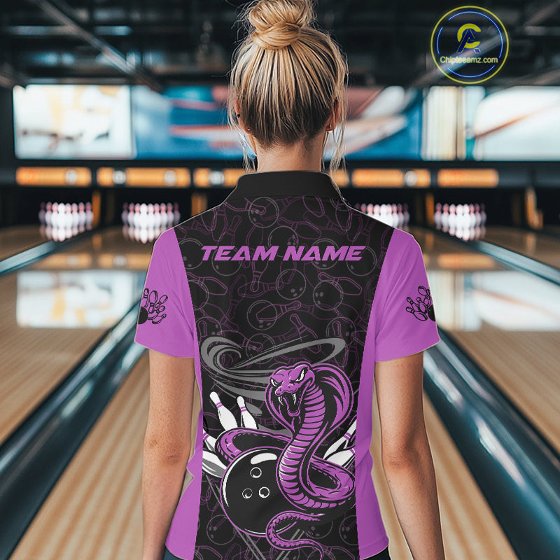 Custom Purple Cobra Snake Bowling Team Women Polo Shirts, Bowling Pattern Shirt IPHW9705